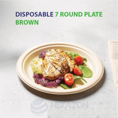 Disposable 7 Inch Plain Round Bagasse Plate (Brown) - Nexazon Global Solutions