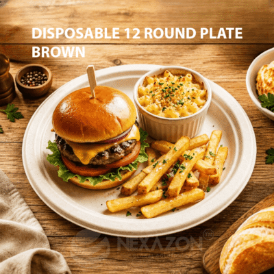 Disposable 12 Inch Plain Round Bagasse Plate (Brown) - Nexazon Global Solutions