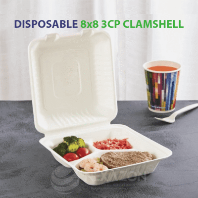 Disposable 8 x 8 3CP Clamshell Bagasse Box - Nexazon Global Solutions