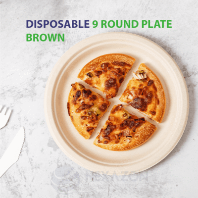 Disposable 9 Inch Plain Round Bagasse Plate (Brown) - Nexazon Global Solutions
