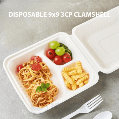 Disposable 9 x 9 3CP Clamshell Bagasse Box - Nexazon Global Solutions