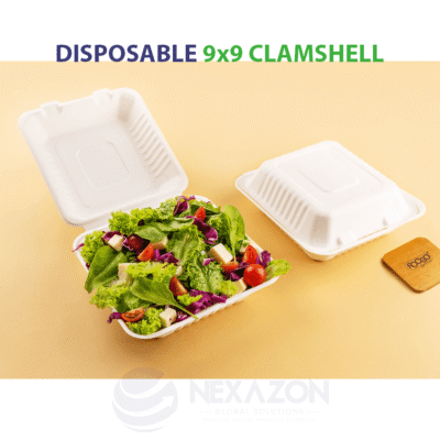 Disposable 9 x 9 Clamshell Bagasse Box - Nexazon Global Solutions
