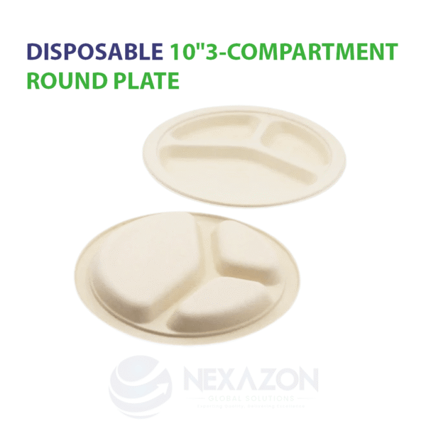 Disposable 10 Inch 3CP Round Bagasse Plate (Brown) - Nexazon Global Solutions - 3