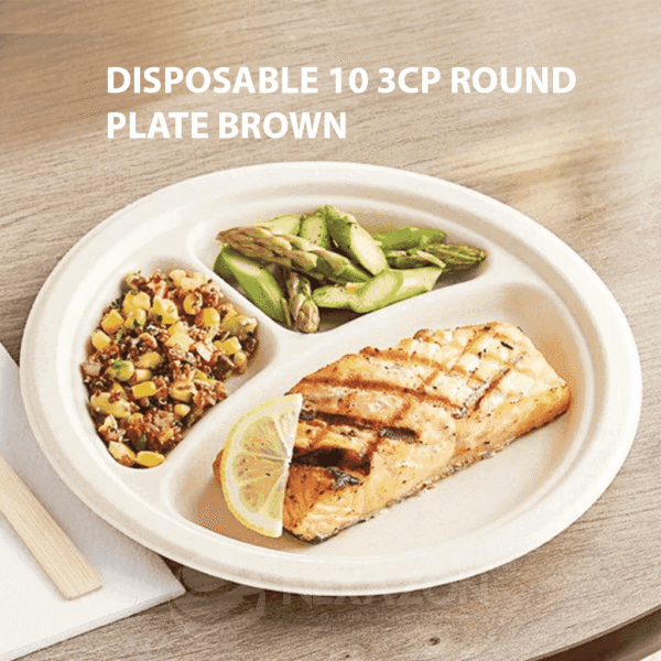 Disposable 10 Inch 3CP Round Bagasse Plate (Brown) - Nexazon Global Solutions