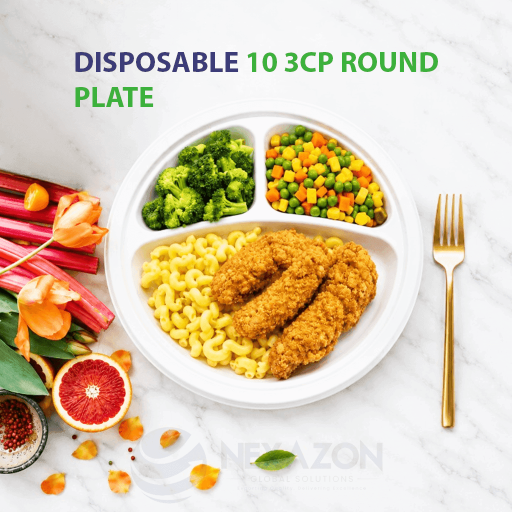 Disposable 10 Inch 3CP Round Bagasse Plate - Nexazon Global Solutions
