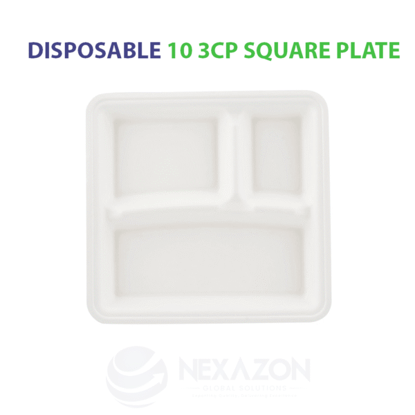 Disposable 10 Inch 3CP Square Bagasse Plate - Nexazon Global Solutions - 1
