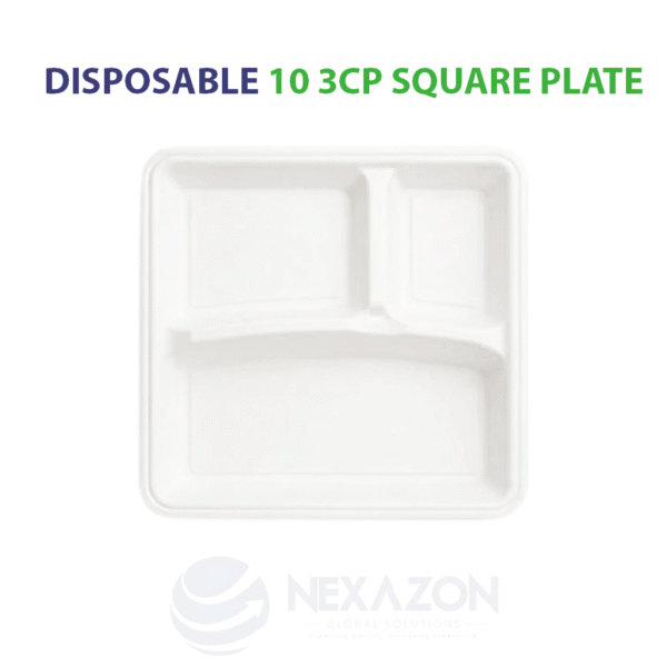 Disposable 10 Inch 3CP Square Bagasse Plate - Nexazon Global Solutions - 2