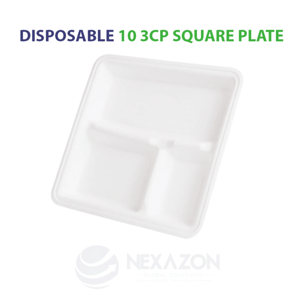 Disposable 10 Inch 3CP Square Bagasse Plate - Nexazon Global Solutions - 3