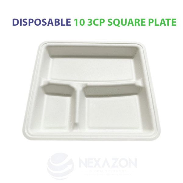 Disposable 10 Inch 3CP Square Bagasse Plate - Nexazon Global Solutions - 4
