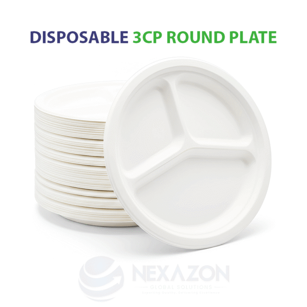 Disposable 3CP Round Bagasse Plate - Nexazon Global Solutions - 3