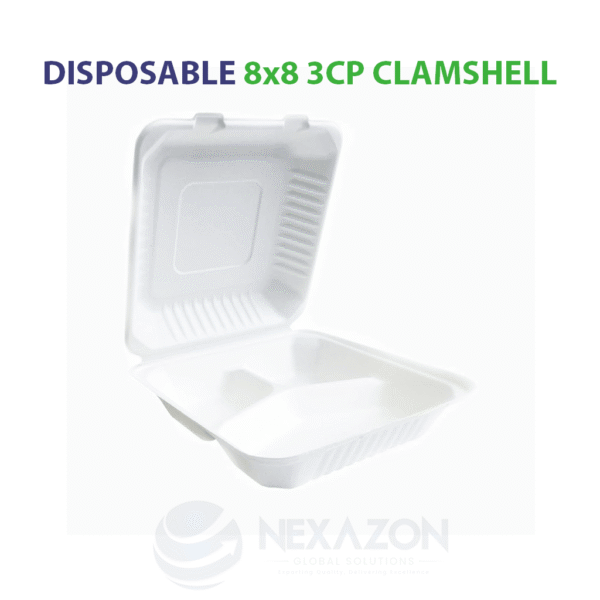 Disposable 8 x 8 3CP Clamshell Bagasse Box - Nexazon Global Solutions - 2