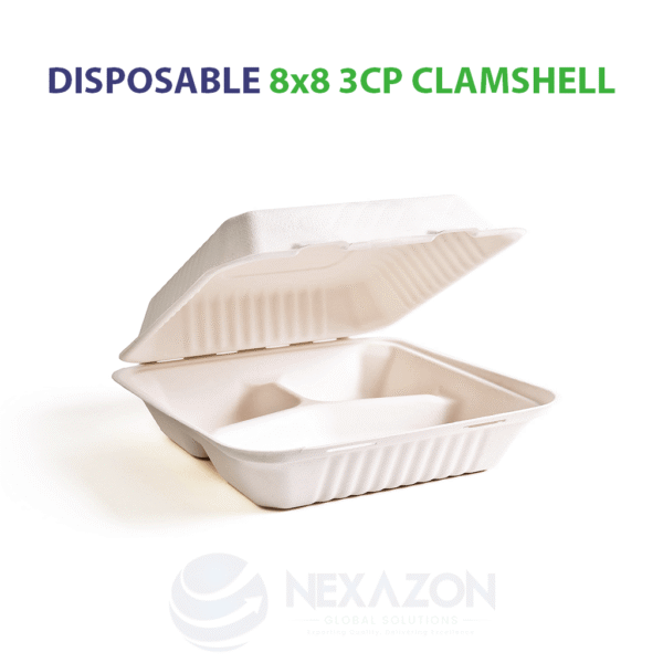 Disposable 8 x 8 3CP Clamshell Bagasse Box - Nexazon Global Solutions - 3
