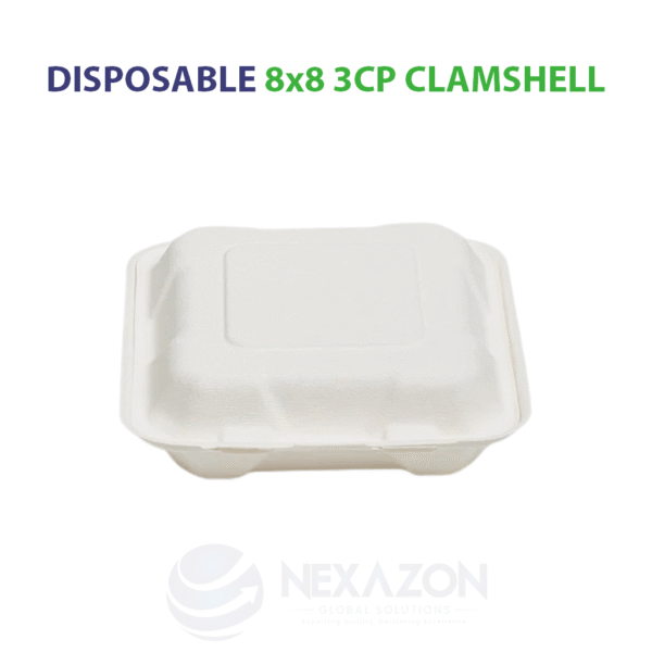 Disposable 8 x 8 3CP Clamshell Bagasse Box - Nexazon Global Solutions - 4