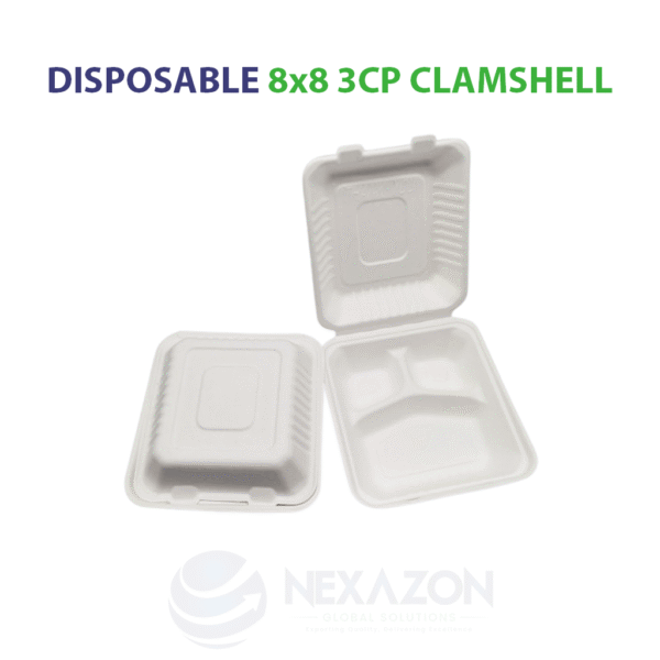 Disposable 8 x 8 3CP Clamshell Bagasse Box - Nexazon Global Solutions - 5