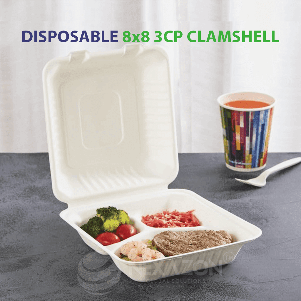Disposable 8 x 8 3CP Clamshell Bagasse Box - Nexazon Global Solutions