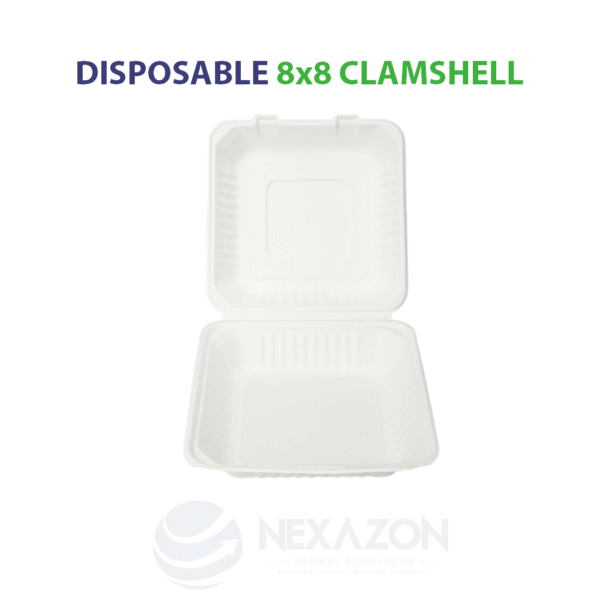 Disposable 8 x 8 Clamshell Bagasse Box - Nexazon Global Solutions - 1