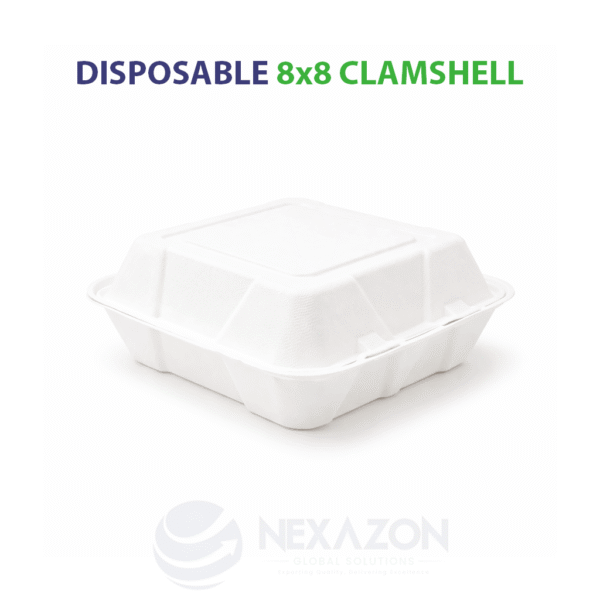 Disposable 8 x 8 Clamshell Bagasse Box - Nexazon Global Solutions - 2