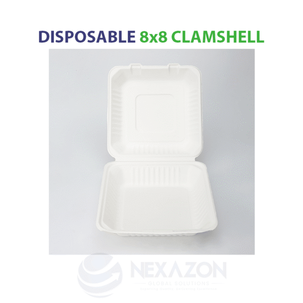 Disposable 8 x 8 Clamshell Bagasse Box - Nexazon Global Solutions - 4