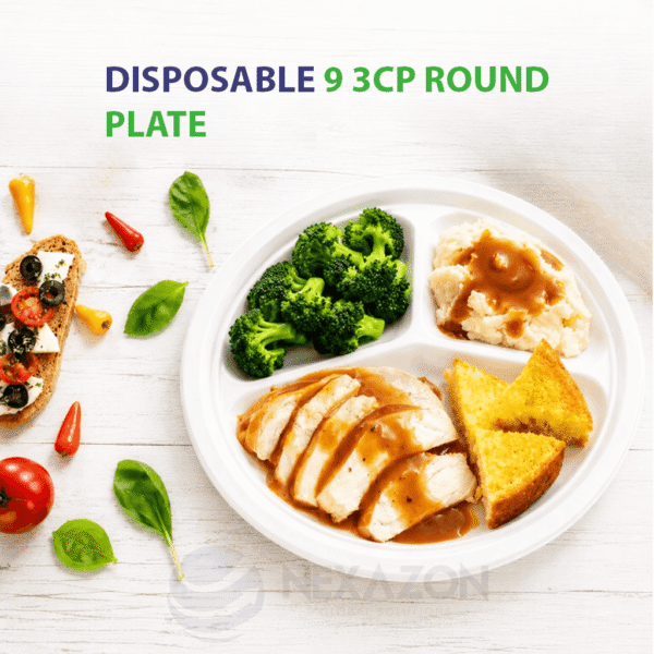 Disposable 9 Inch 3CP Round Bagasse Plate - Nexazon Global Solutions