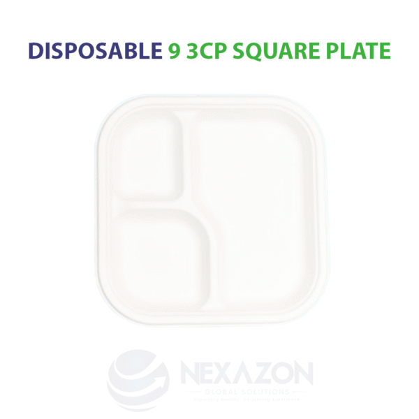 Disposable 9 Inch 3CP Square Bagasse Plate - Nexazon Global Solutions - 1