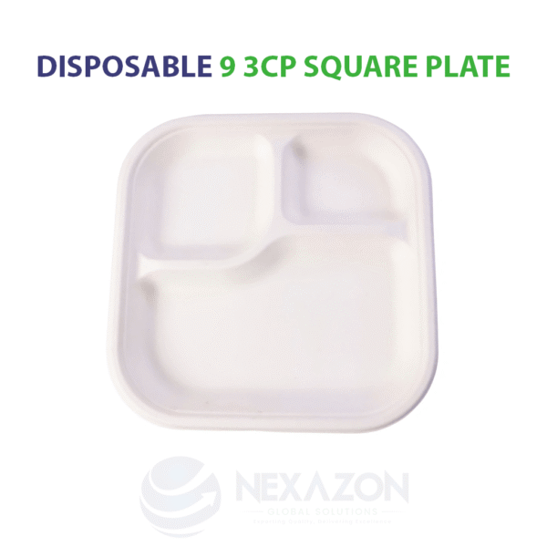 Disposable 9 Inch 3CP Square Bagasse Plate - Nexazon Global Solutions - 2