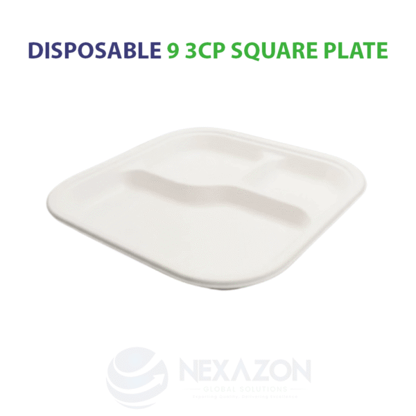 Disposable 9 Inch 3CP Square Bagasse Plate - Nexazon Global Solutions - 3