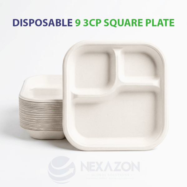 Disposable 9 Inch 3CP Square Bagasse Plate - Nexazon Global Solutions - 4