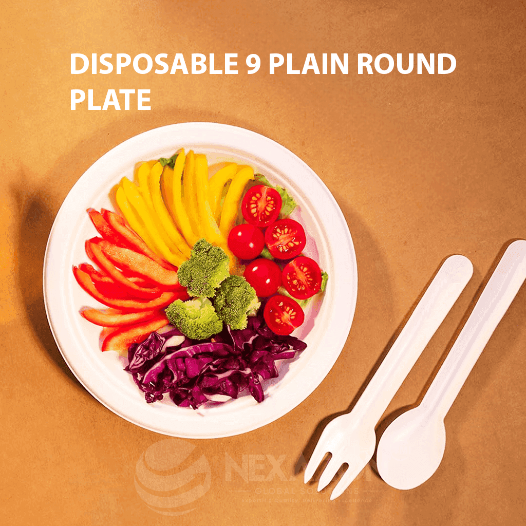 Disposable 9 Inch Plain Round Bagasse Plate - Nexazon Global Solutions