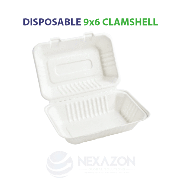 Disposable 9 x 6 Clamshell Bagasse Box - Nexazon Global Solutions - 1