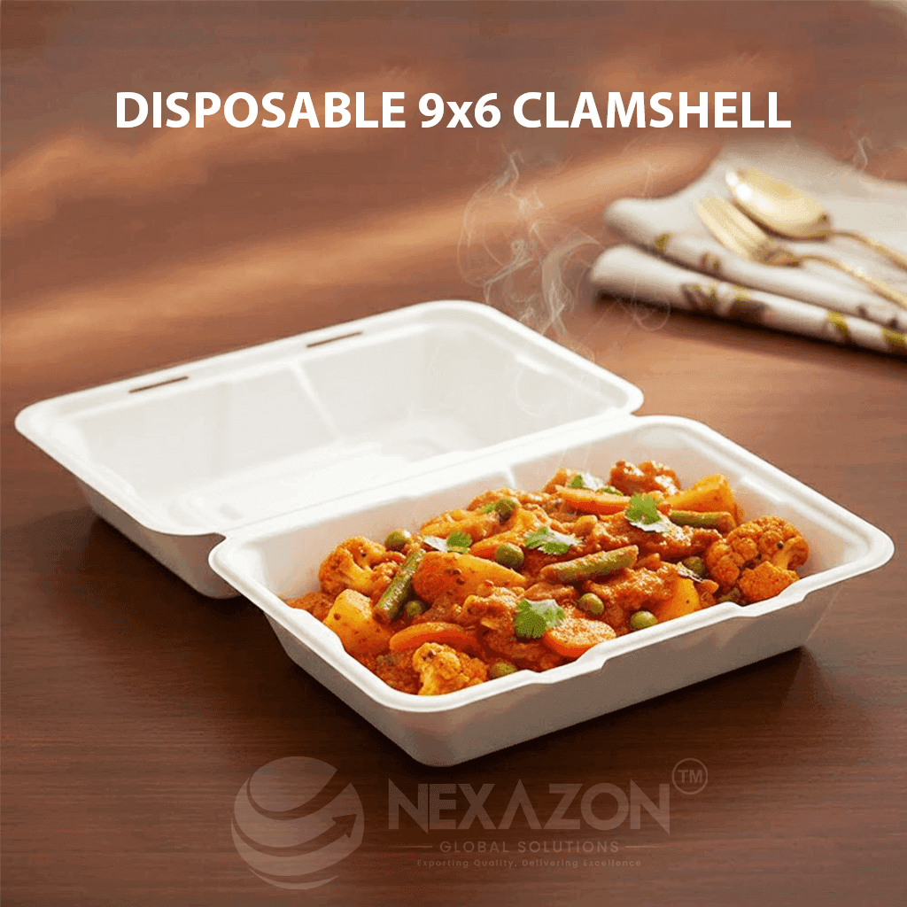Disposable 9 x 6 Clamshell Bagasse Box - Nexazon Global Solutions
