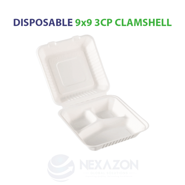 Disposable 9 x 9 3CP Clamshell Bagasse Box - Nexazon Global Solutions - 1