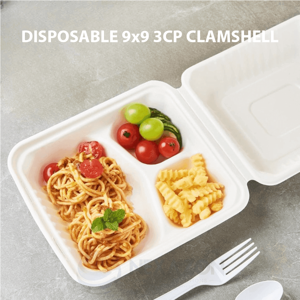 Disposable 9 x 9 3CP Clamshell Bagasse Box - Nexazon Global Solutions