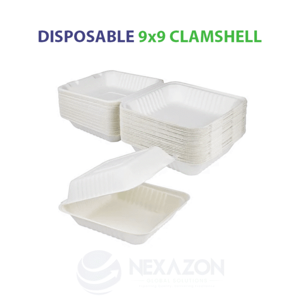 Disposable 9 x 9 Clamshell Bagasse Box - Nexazon Global Solutions - 3