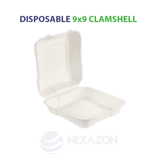 Disposable 9 x 9 Clamshell Bagasse Box - Nexazon Global Solutions - 5