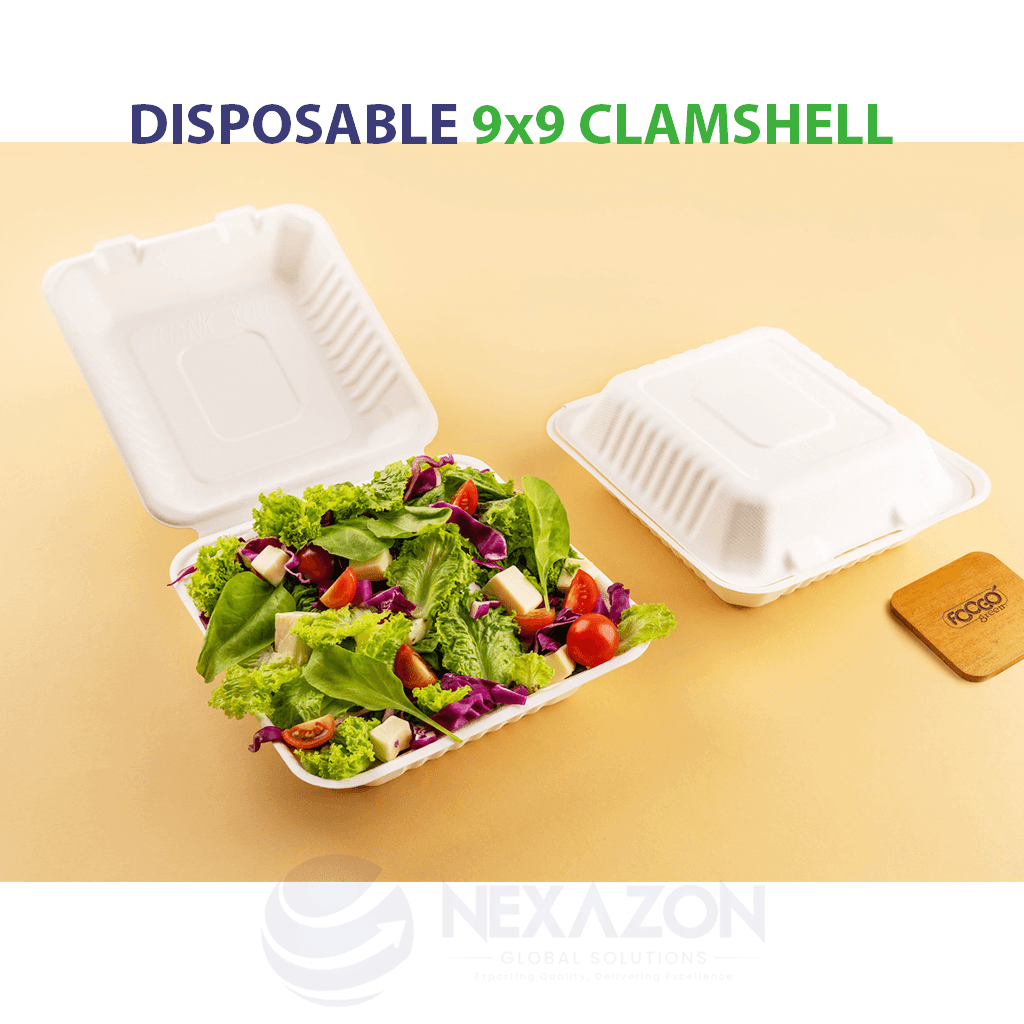 Disposable 9 x 9 Clamshell Bagasse Box - Nexazon Global Solutions